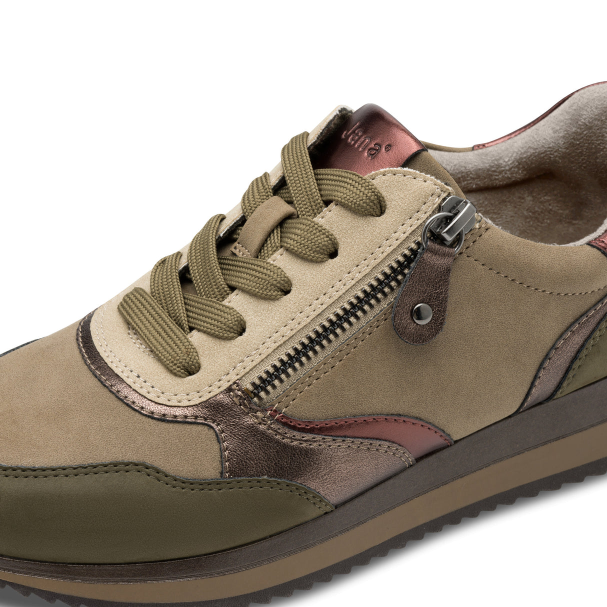 Jana Women’s Flat Sneakers with Zip - Olive Comb