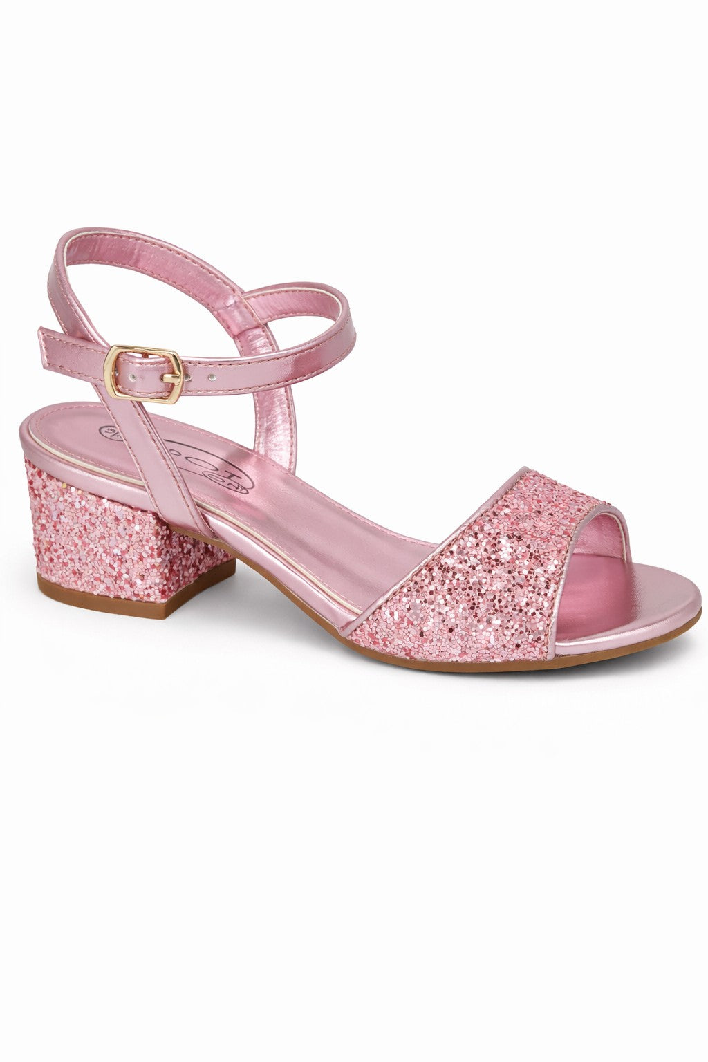 Glitter Strap Sandals with Ankle Buckle and Mid Block Heel