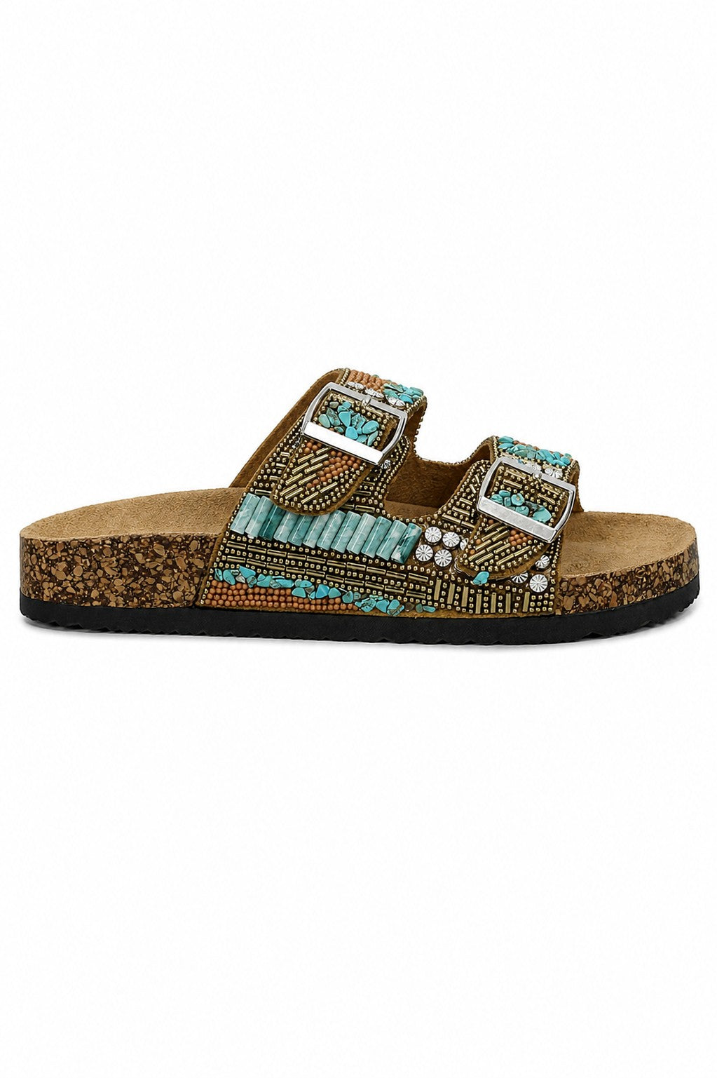 Low Double Buckle Beaded Mule Sandal