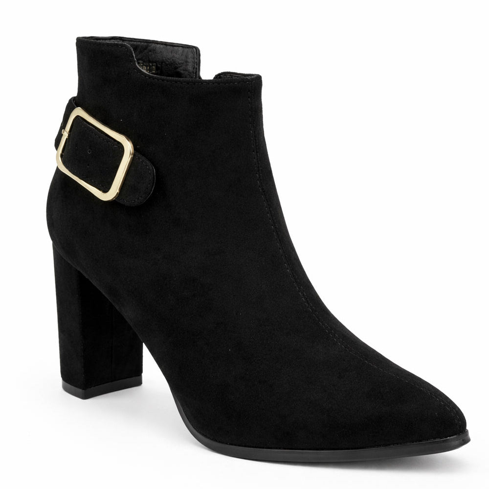 Women Block Heel Ankle Boots with Gold Buckle