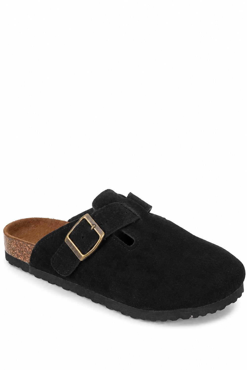 Suede Buckle Comfort Clogs with Cork Footbed