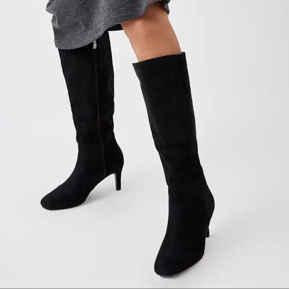 Women Knee-High Heeled Boots – Suede Stretch Long Boots with Stiletto Heel