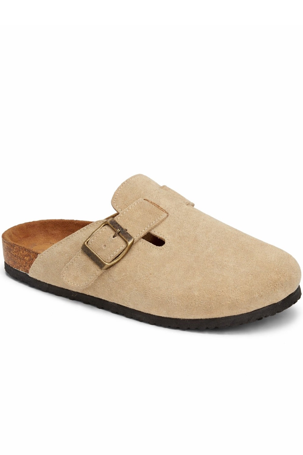 Suede Buckle Comfort Clogs with Cork Footbed