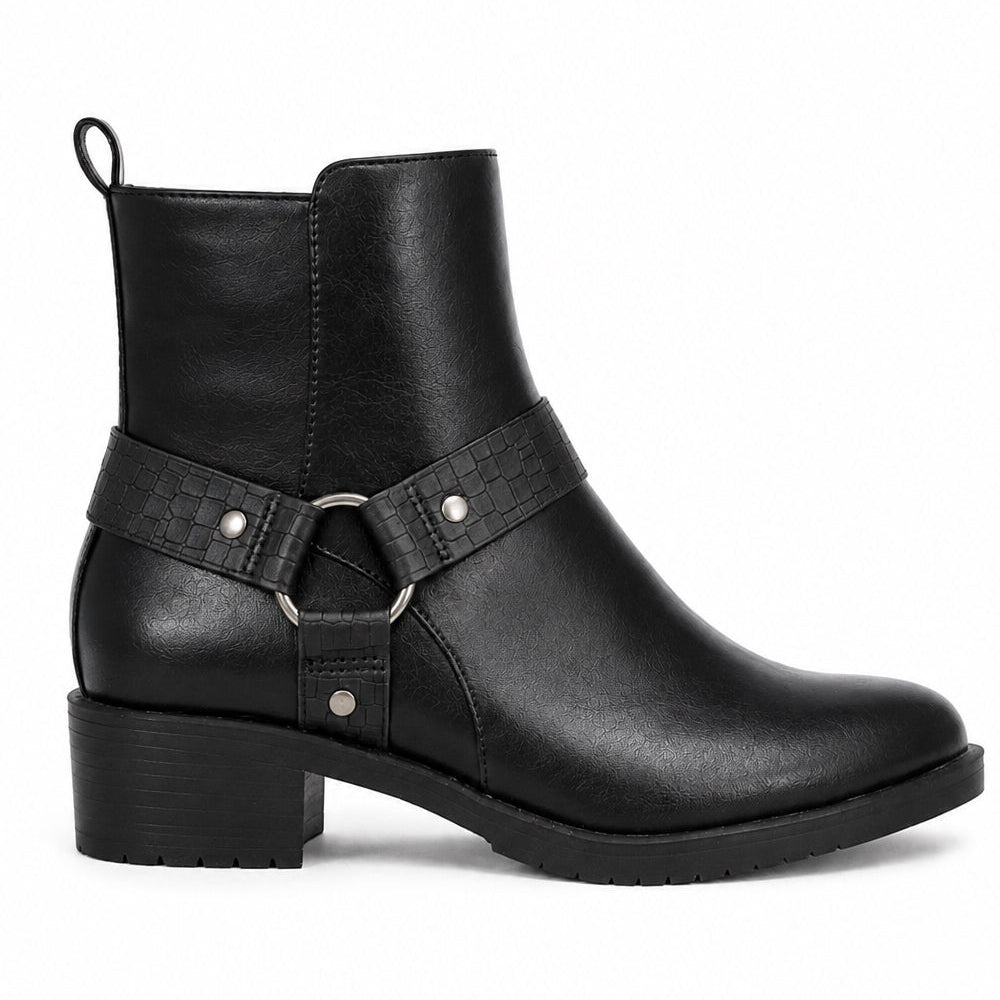 Ankle Biker Boots – Faux Strap & Buckle Detail Block Heel Boots