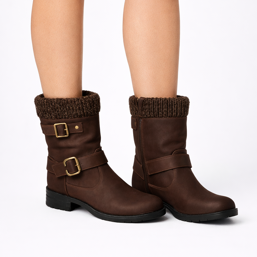 Women Mid-Calf Buckle Boots with Knit Cuff