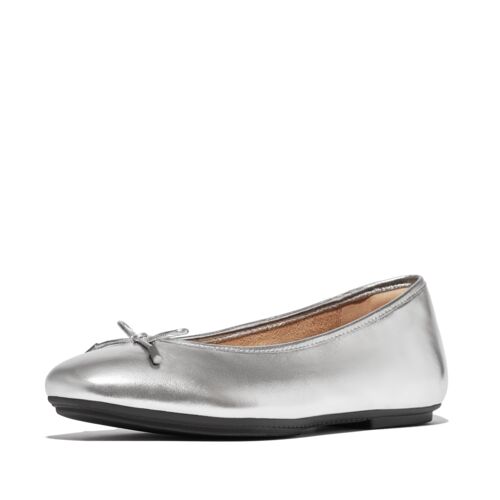 FitFlop DELICATO Bow Soft Metallic-Leather Ballerinas - Silver