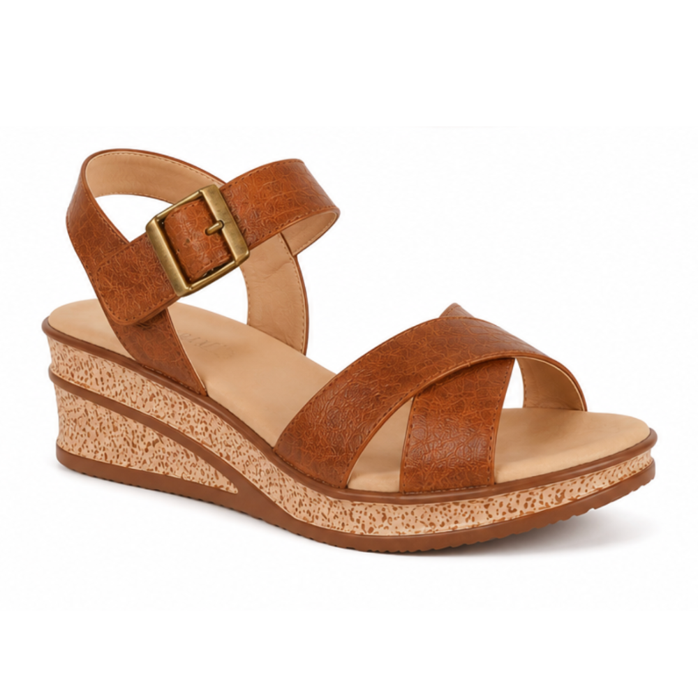 Women Cross Strap Wedge Sandal - Tan