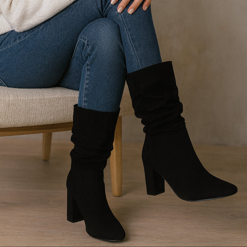 Women Mid Calf Block Heel Slouch Boots – Faux Suede Pull-On Dress Boots