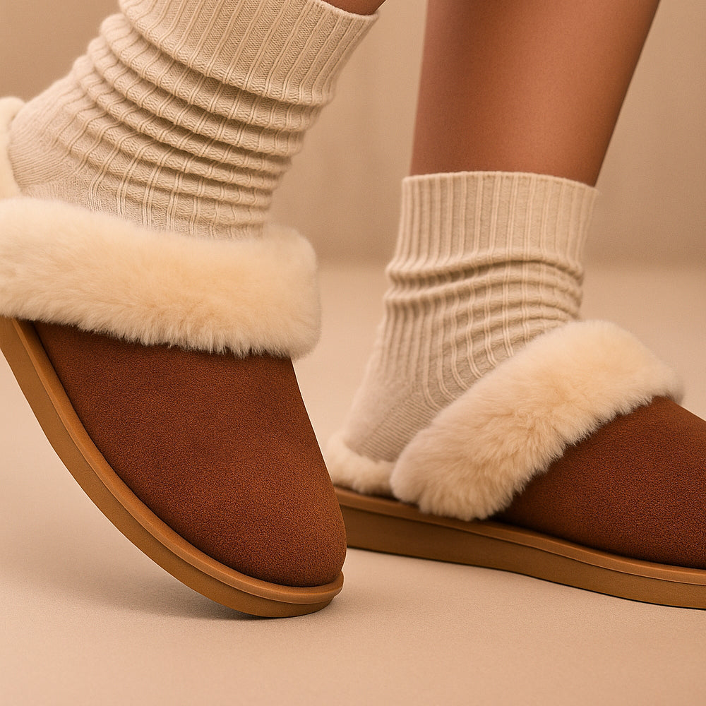 Premium Shearling-Lined Suede Slip On Slippers with Cushioned Sole