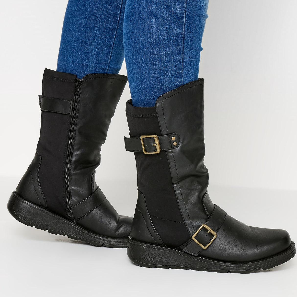 Women Wide Fit Mid Calf Biker Boots with Buckle Detail