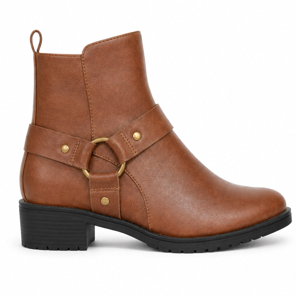 Ankle Biker Boots – Faux Strap & Buckle Detail Block Heel Boots