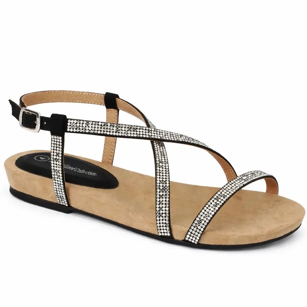 Women's Diamante T Bar Flat Sandal with Buckle Strap