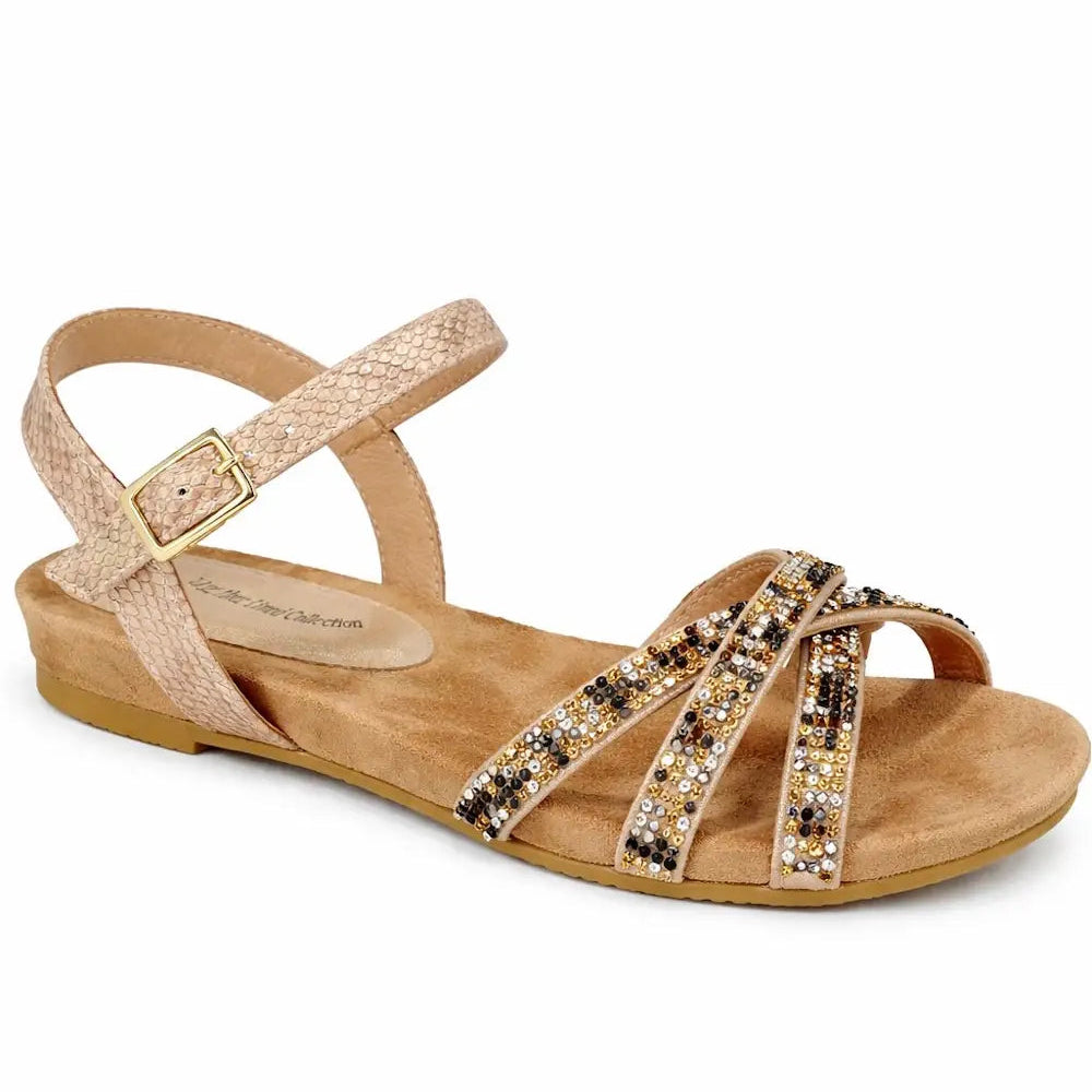 Women's Diamante Strap Flat Sandal with Buckle Ankle Strap