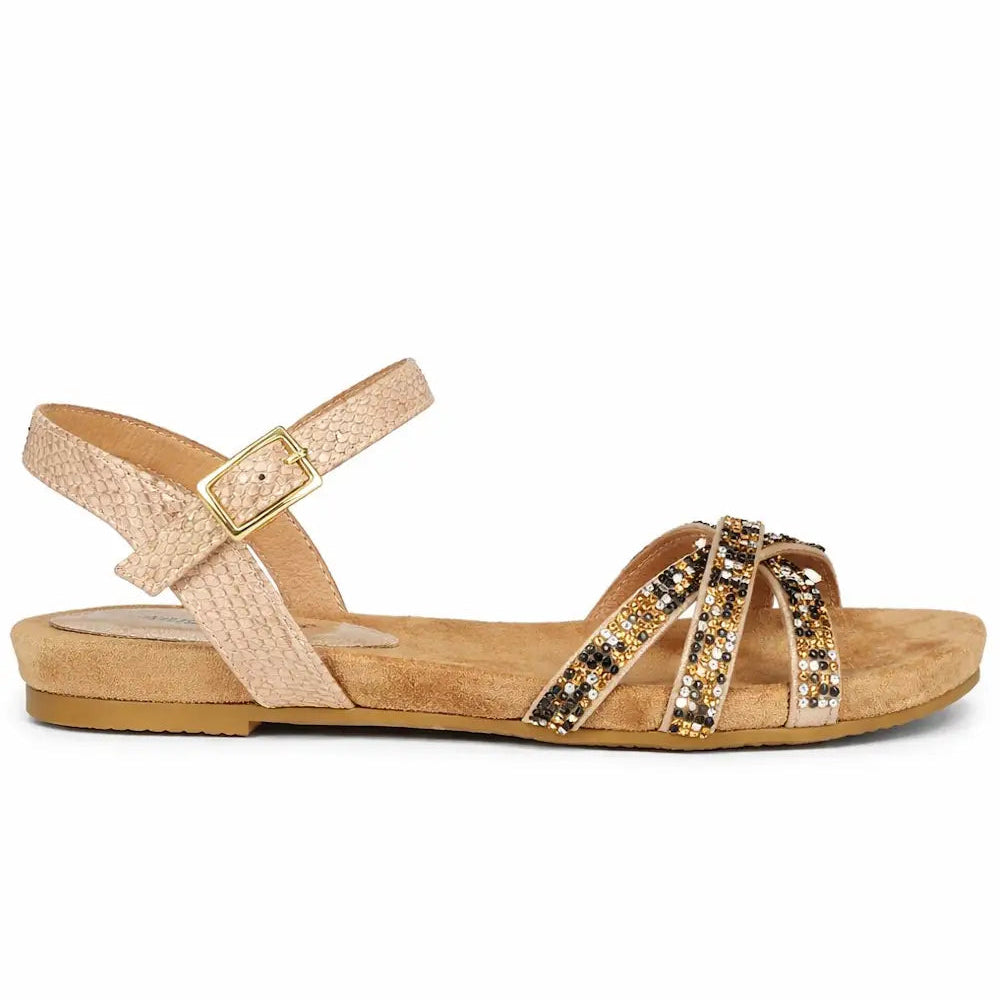 Women's Diamante Strap Flat Sandal with Buckle Ankle Strap