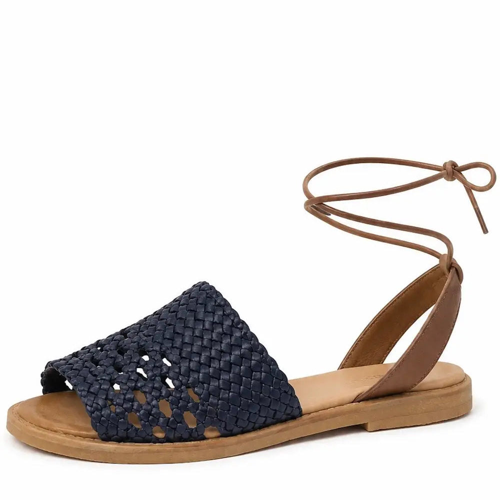 Women's Leather Woven Lace-Up Flat Sandals