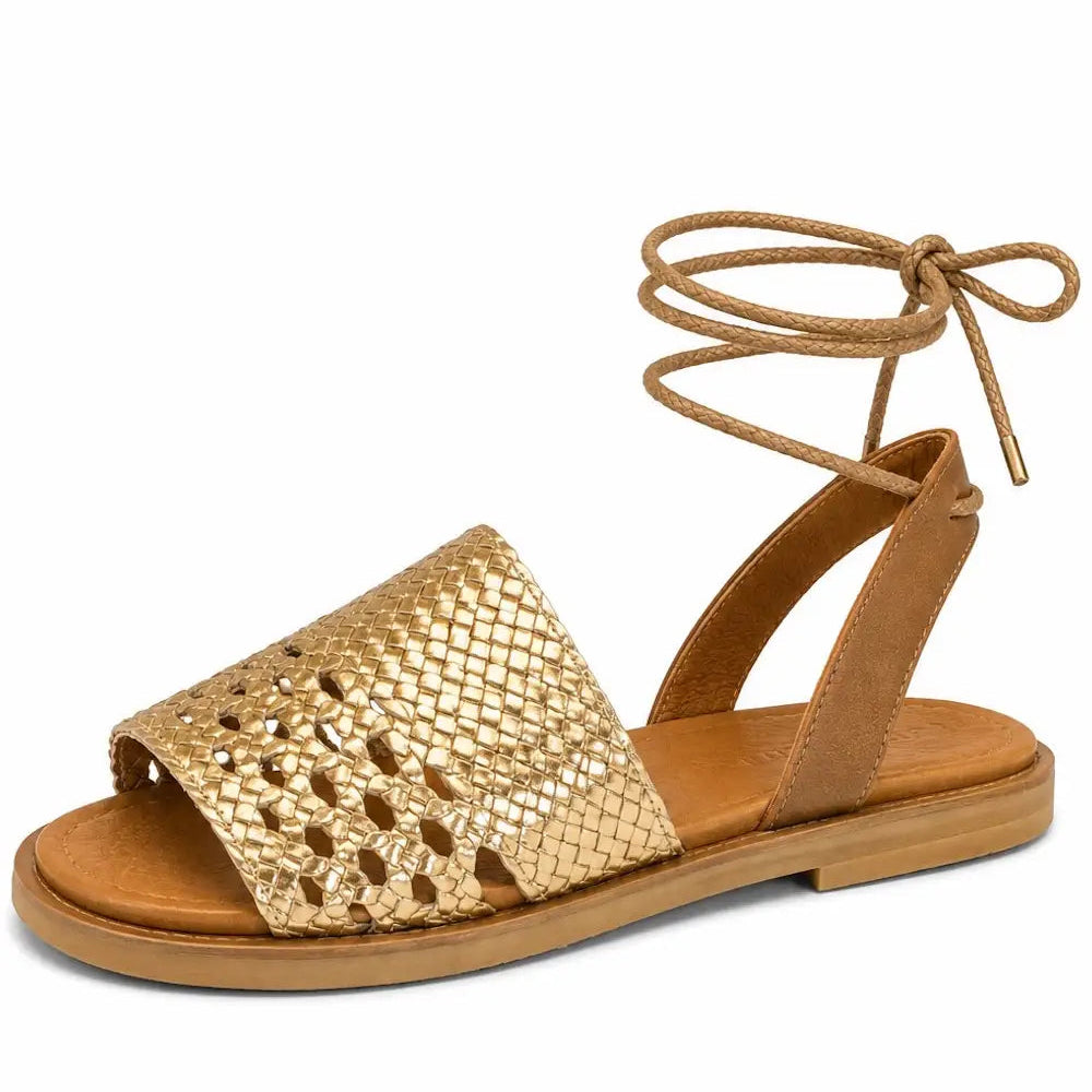 Women's Leather Woven Lace-Up Flat Sandals