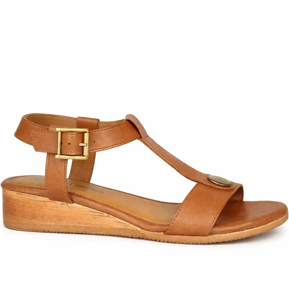 Women's Leather T-Bar Strap Sandal with Buckle Fastening and Cushioned Sole