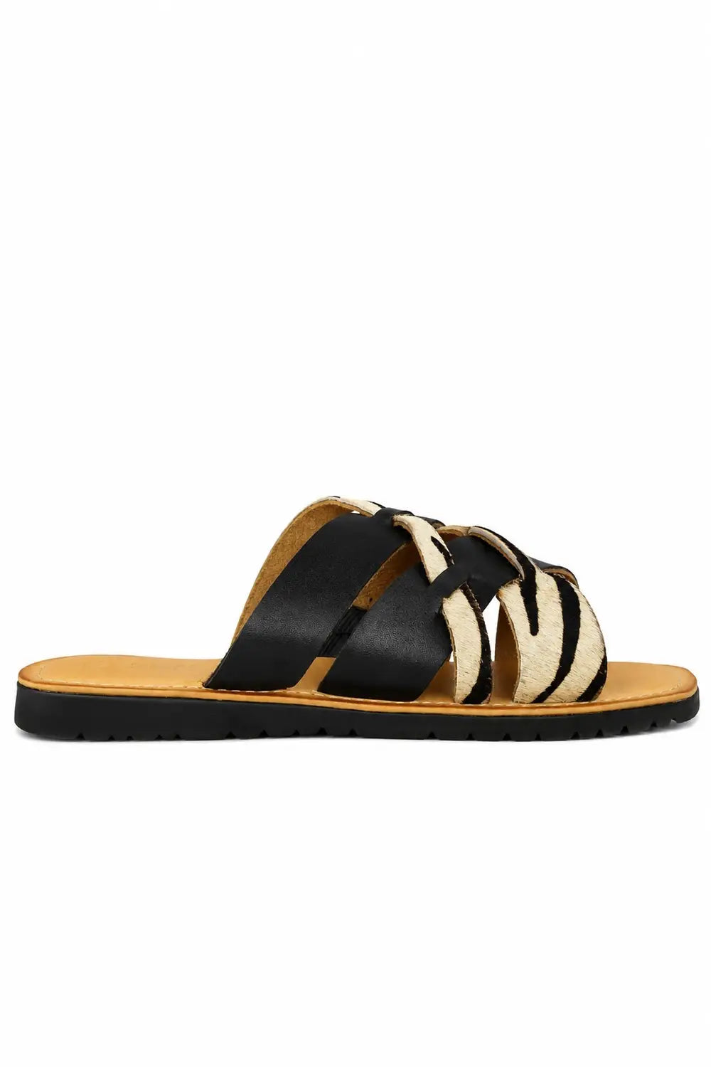 Women's Leather Cross Strap Mule Sandals with Zebra Print Detail