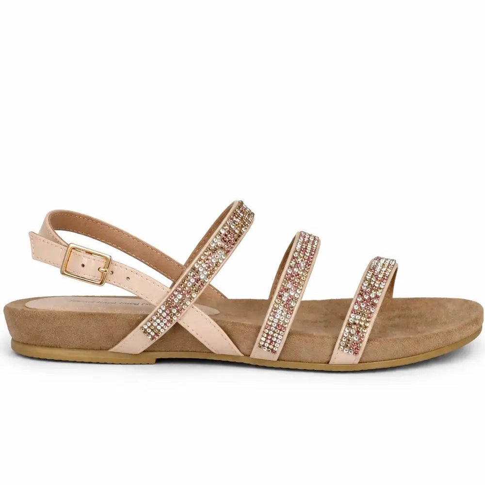 Women's Diamante Multi Strap Flat Sandal with Buckle Fastening
