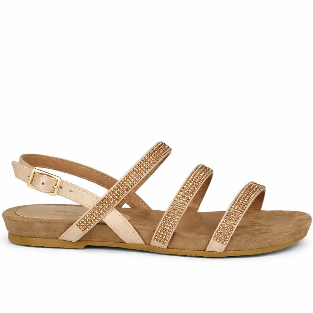 Women's Diamante Multi Strap Flat Sandal with Buckle Fastening
