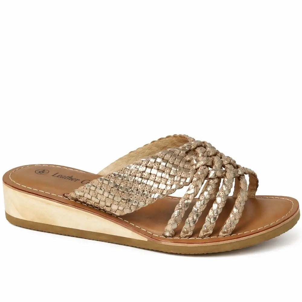 Women's Leather Woven Multi Strap Low Wedge Sandals
