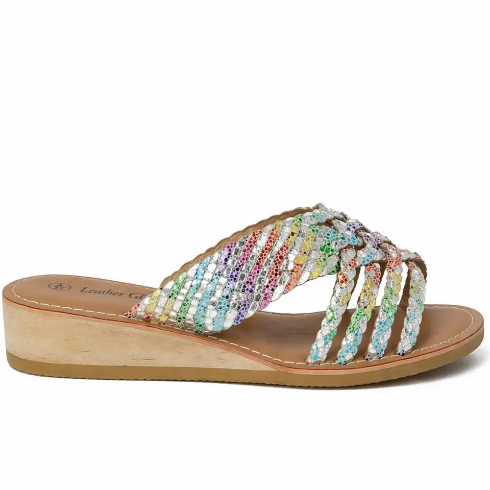Women's Leather Woven Multi Strap Low Wedge Sandals