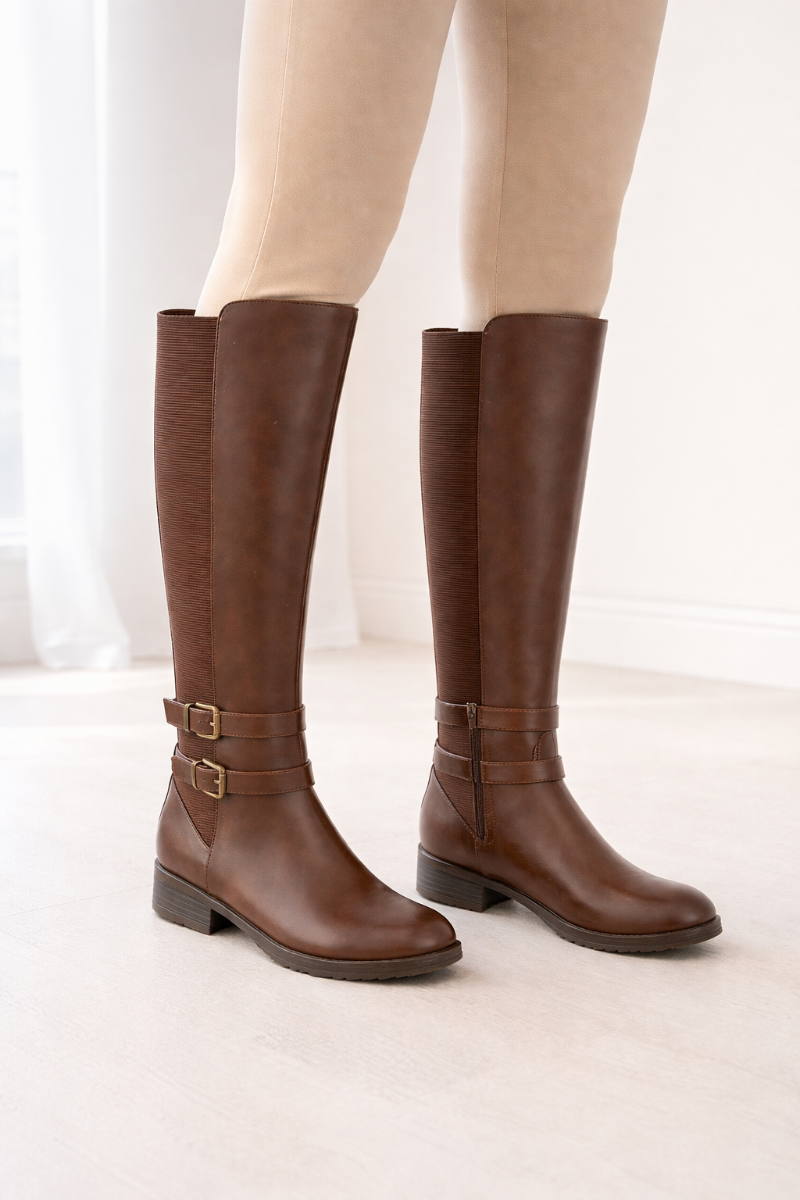 Women Knee High Buckle Boot - Brown