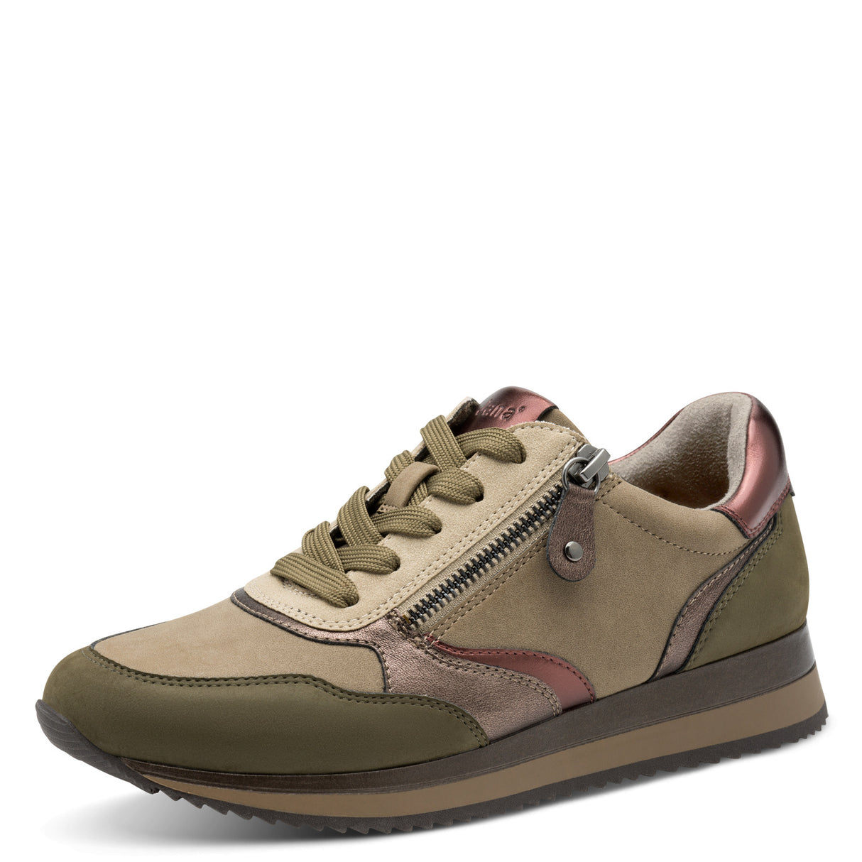 Jana Women’s Flat Sneakers with Zip -  Olive Comb