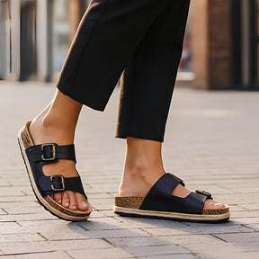 Adjustable Buckle Footbed Sandals with Cushioned Cork Sole