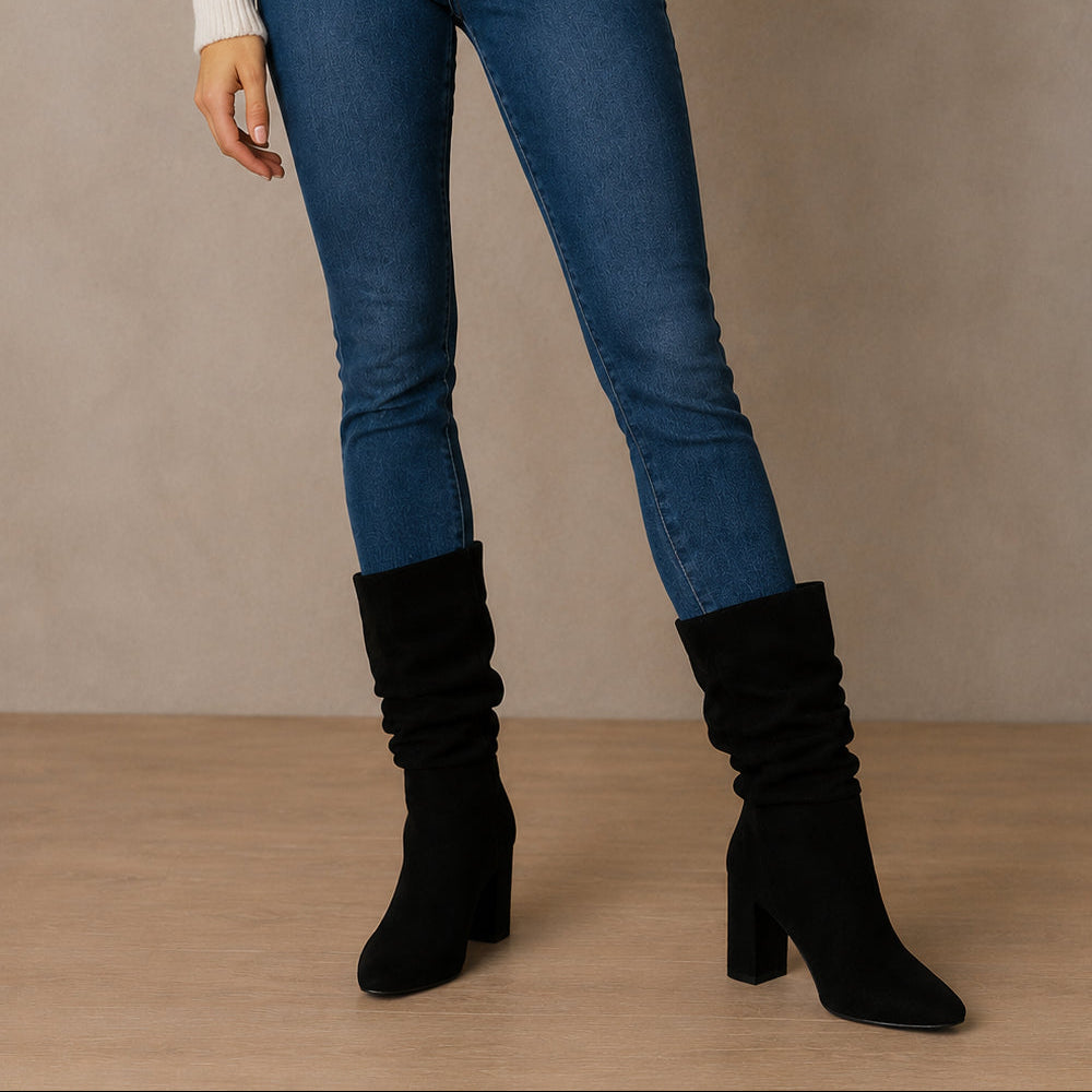 Women Mid Calf Block Heel Slouch Boots – Faux Suede Pull-On Dress Boots