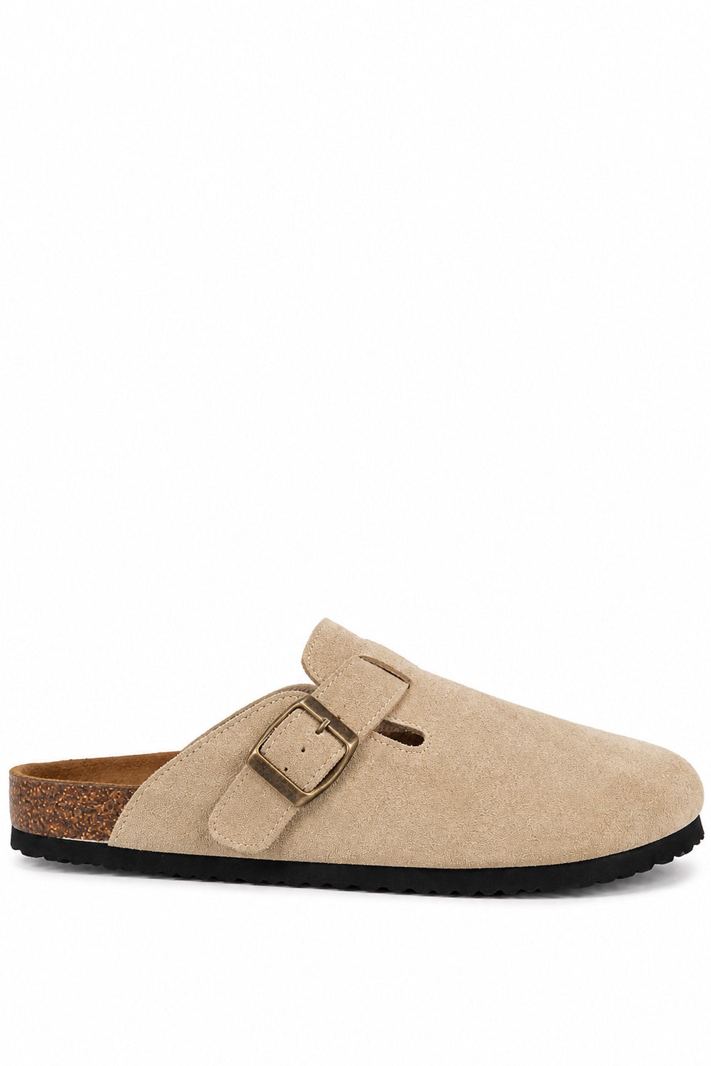 Suede Buckle Comfort Clogs with Cork Footbed