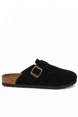 Suede Buckle Comfort Clogs with Cork Footbed