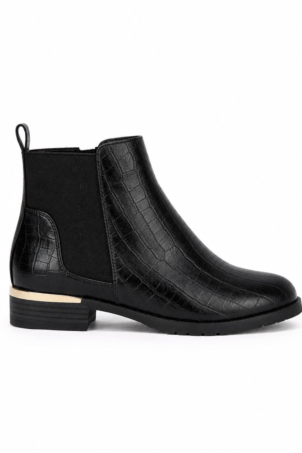 Croc-Effect Chelsea Ankle Boot with Elastic Panels and Low Heel