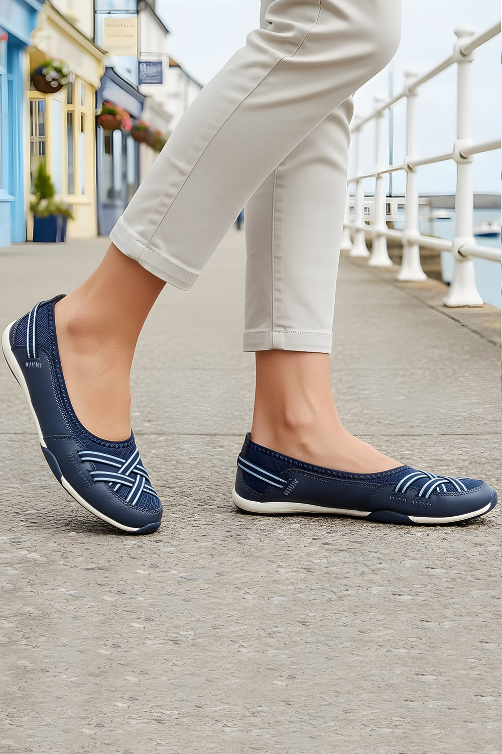 Leather Elastic Cross Strap Ballet Pumps with Cushioned Sole