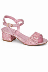 Glitter Strap Sandals with Ankle Buckle and Mid Block Heel