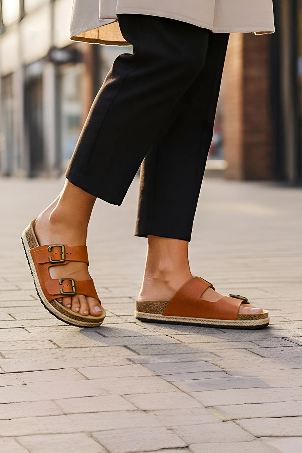 Adjustable Buckle Footbed Sandals with Cushioned Cork Sole