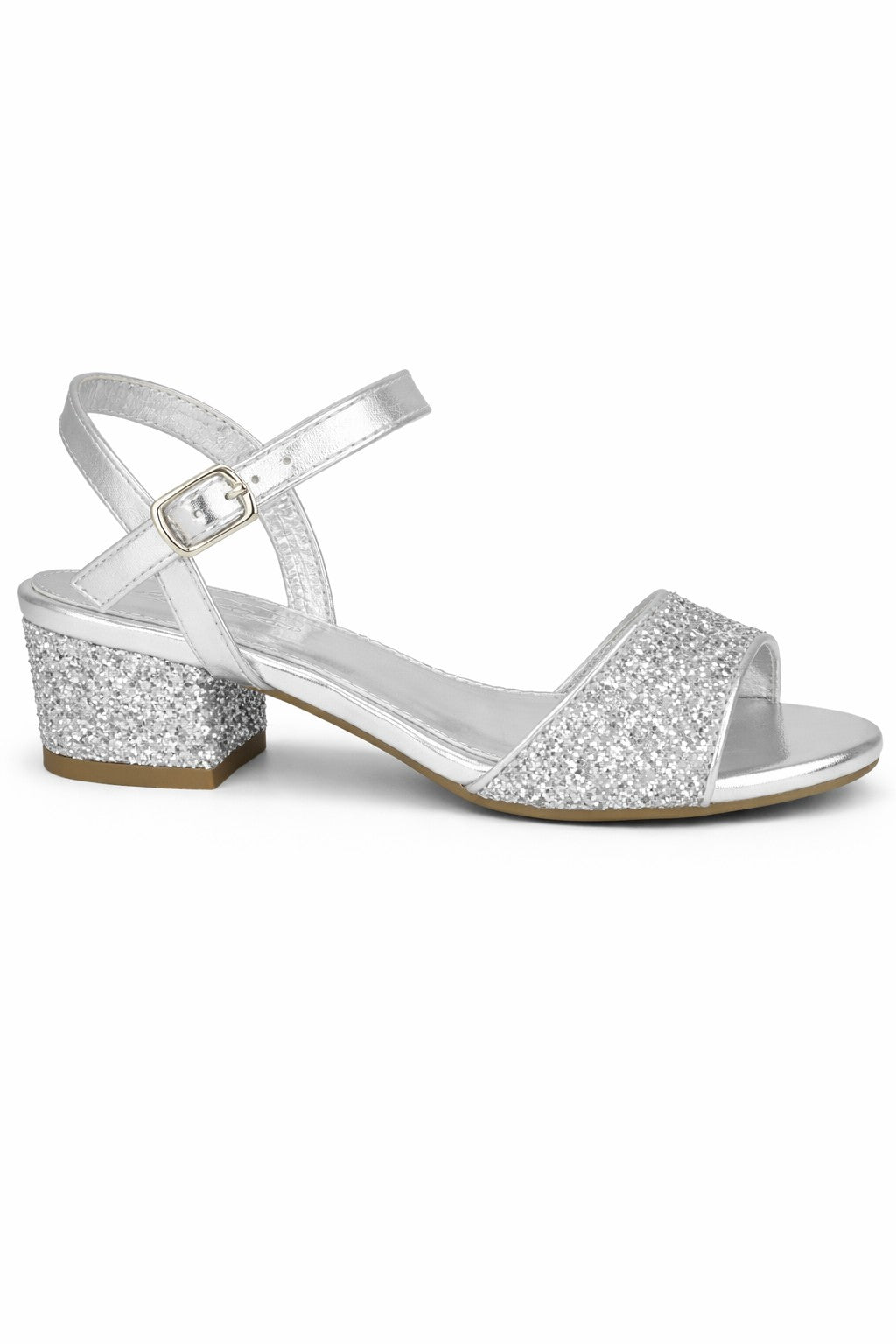 Glitter Strap Sandals with Ankle Buckle and Mid Block Heel