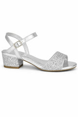 Glitter Strap Sandals with Ankle Buckle and Mid Block Heel