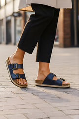 Adjustable Buckle Footbed Sandals with Cushioned Cork Sole
