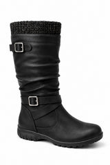 Mid Calf Buckle Detail Winter Boot with Knit Trim