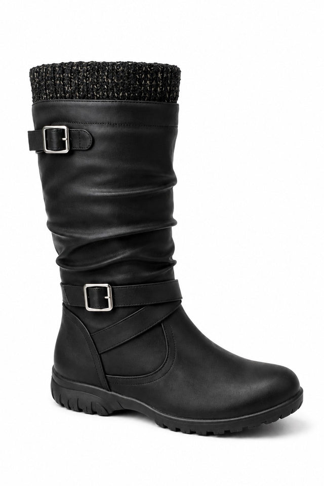 Mid Calf Buckle Detail Winter Boot with Knit Trim