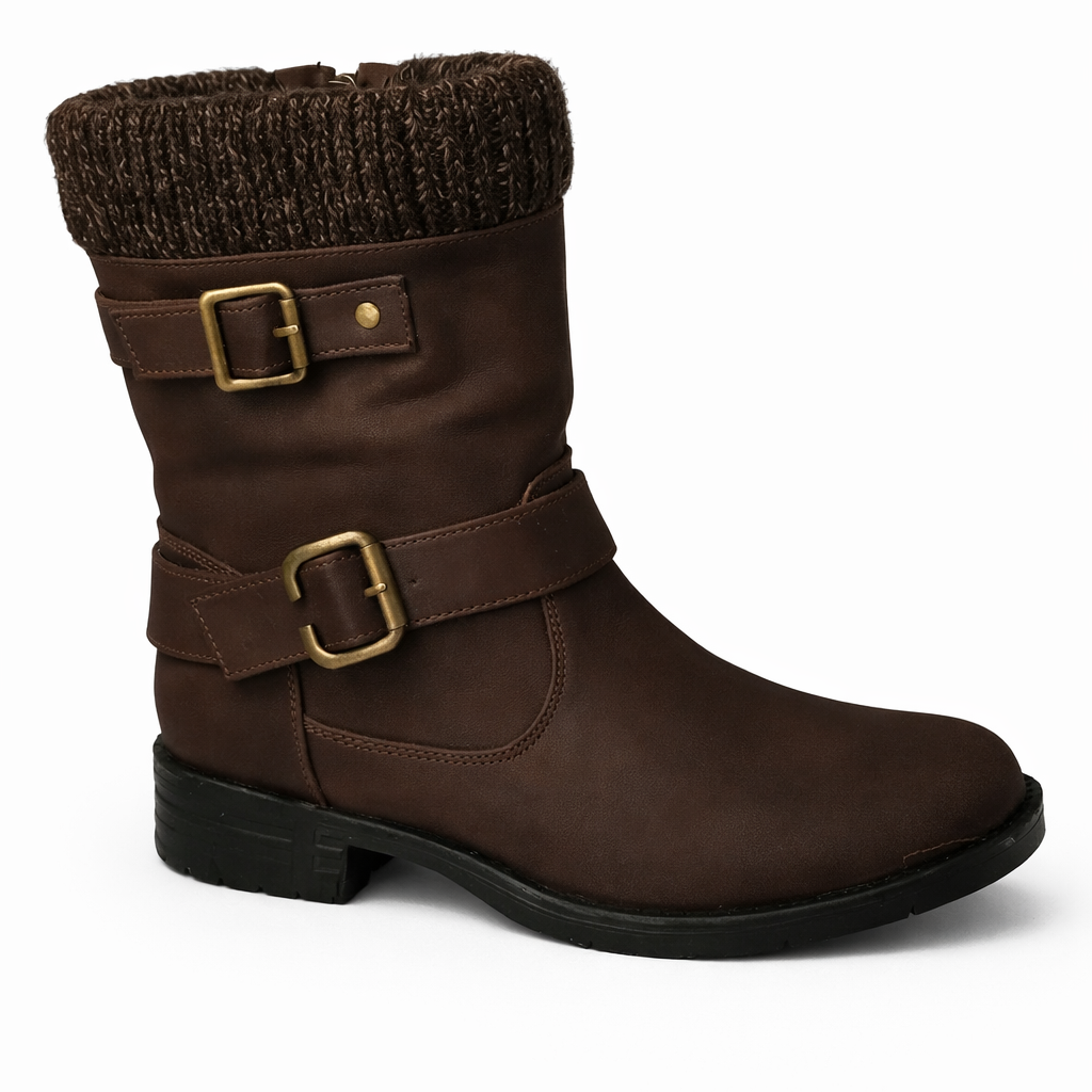 Women Mid-Calf Buckle Boots with Knit Cuff
