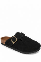 Suede Buckle Comfort Clogs with Cork Footbed