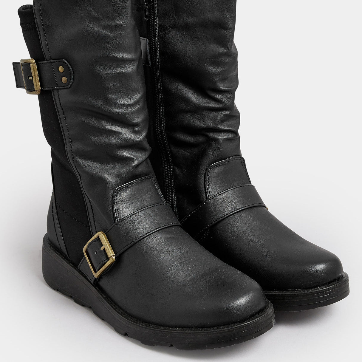 Women Wide Fit Mid Calf Biker Boots with Buckle Detail