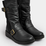 Women Wide Fit Mid Calf Biker Boots with Buckle Detail