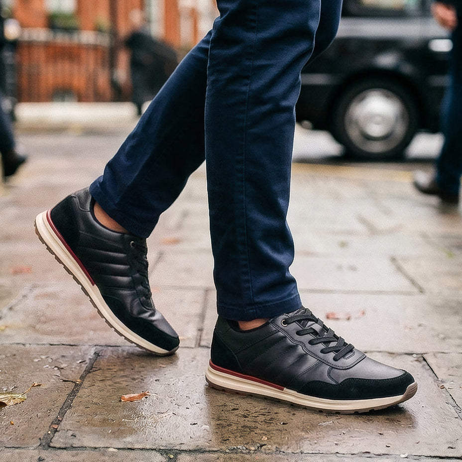 Men’s Leather Lace-Up Casual Trainer with Panel Detail
