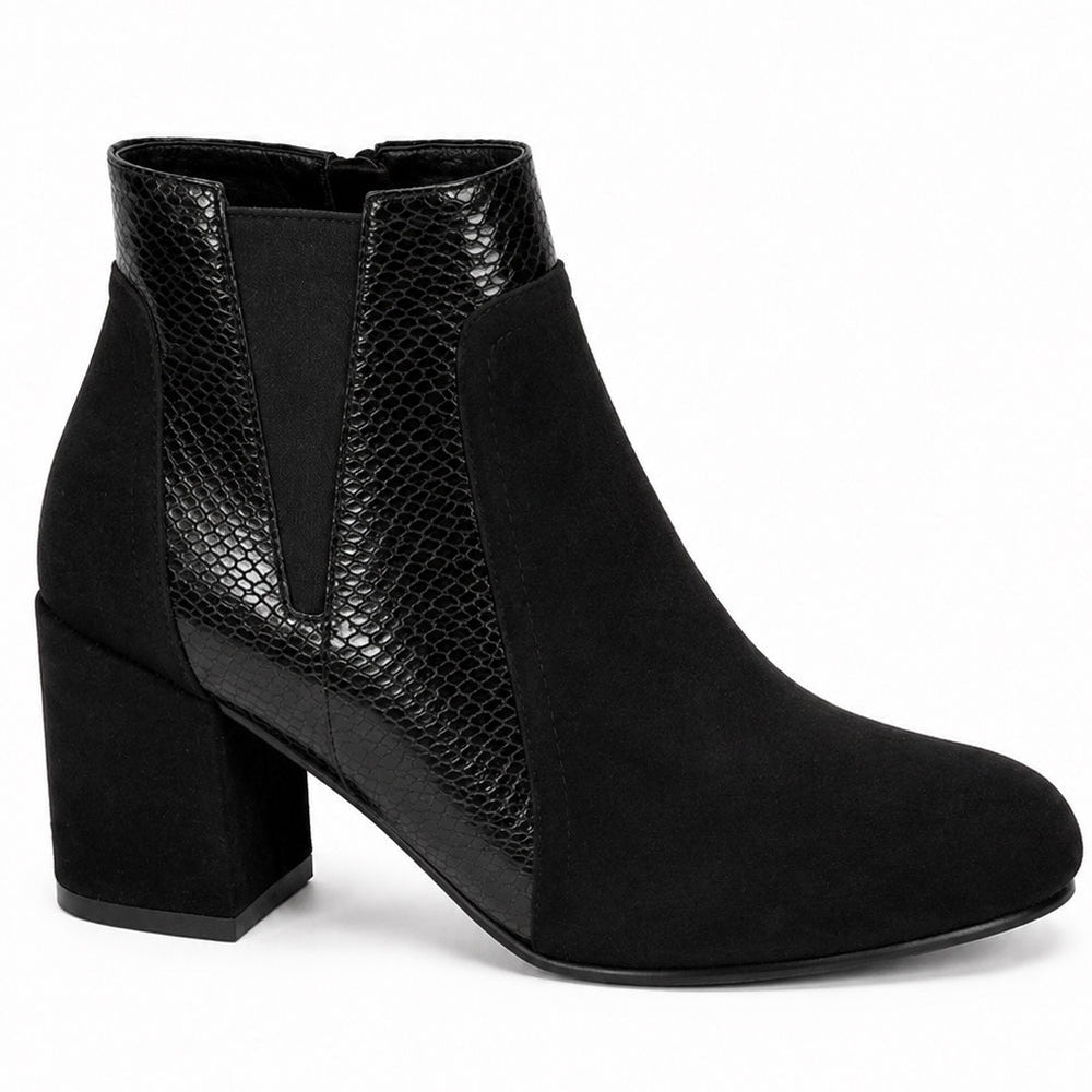 Women Block Heel Ankle Boot with Textured Panel and Zip Fastening