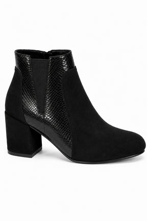 Block Heel Ankle Boot with Textured Panel and Zip Fastening
