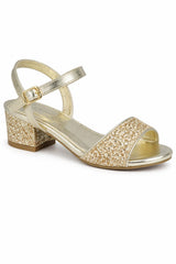 Glitter Strap Sandals with Ankle Buckle and Mid Block Heel