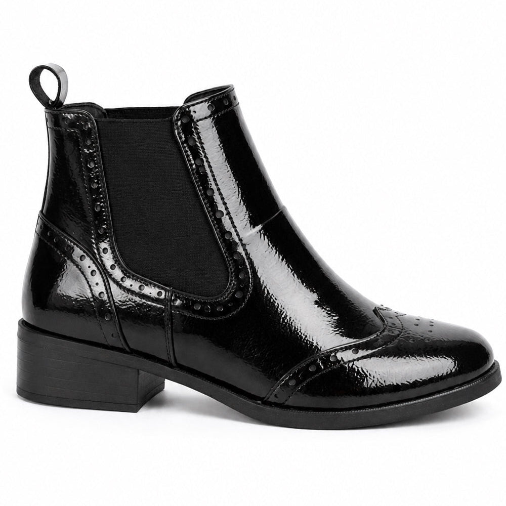 Women Patent Brogue Chelsea Ankle Boot with Block Heel